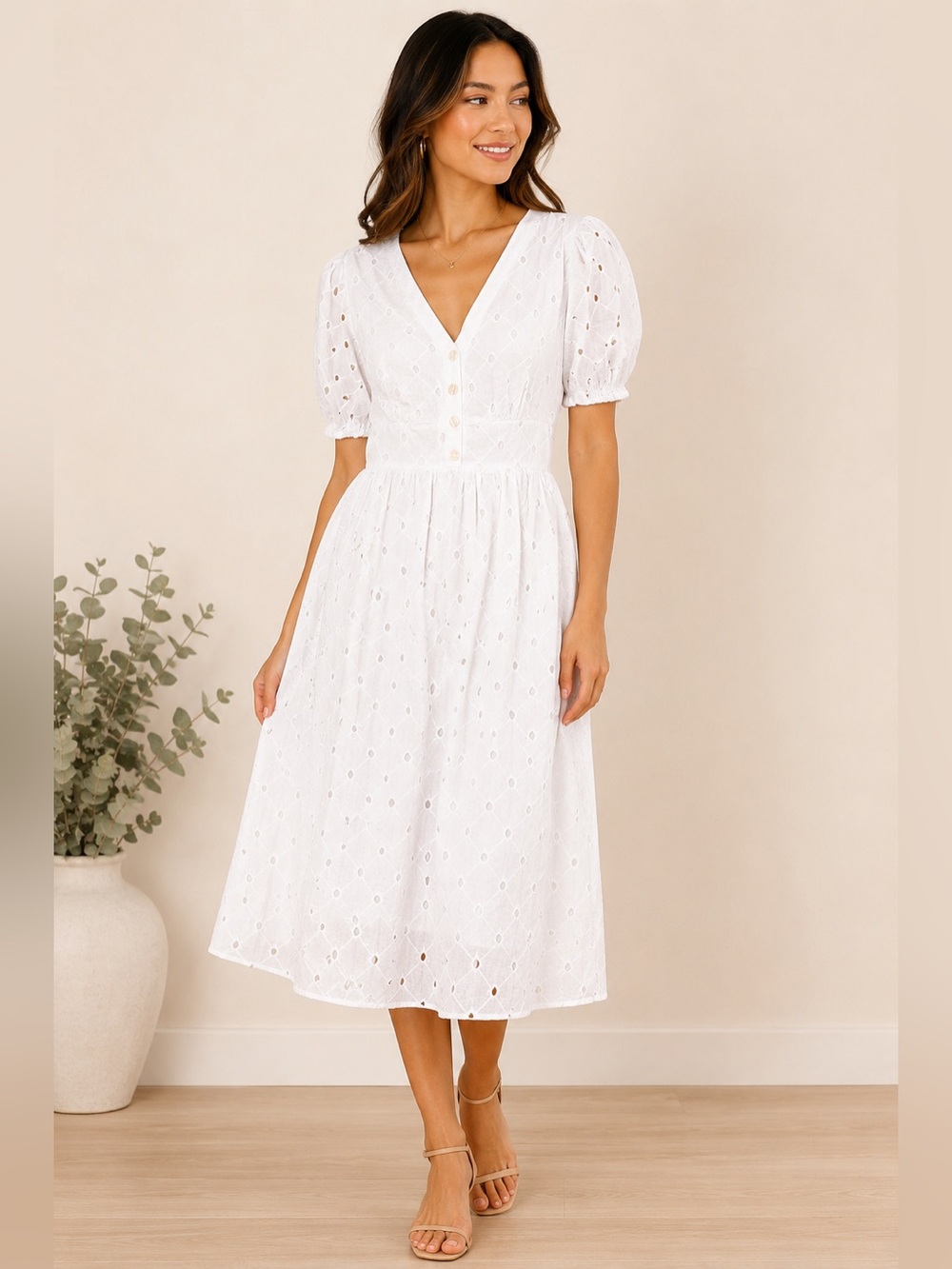 A New Day White Eyelet Puff Sleeve Button Front Midi Dress Size M